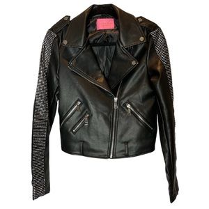 Azalea Wang Black Faux Leather Biker Jacket with Rhinestone Sleeves